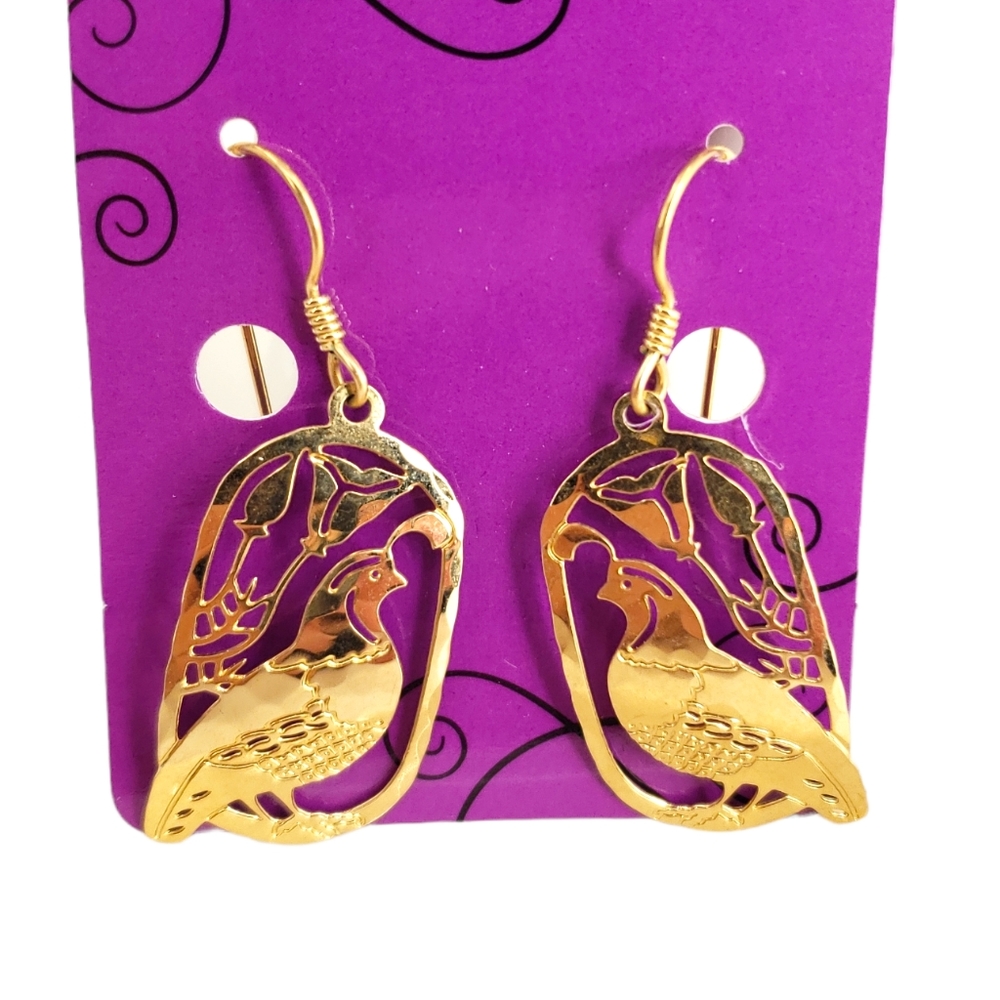 Bird Cut Out Gold Tone Ear Wire Earrings Hammered Look Lightweight